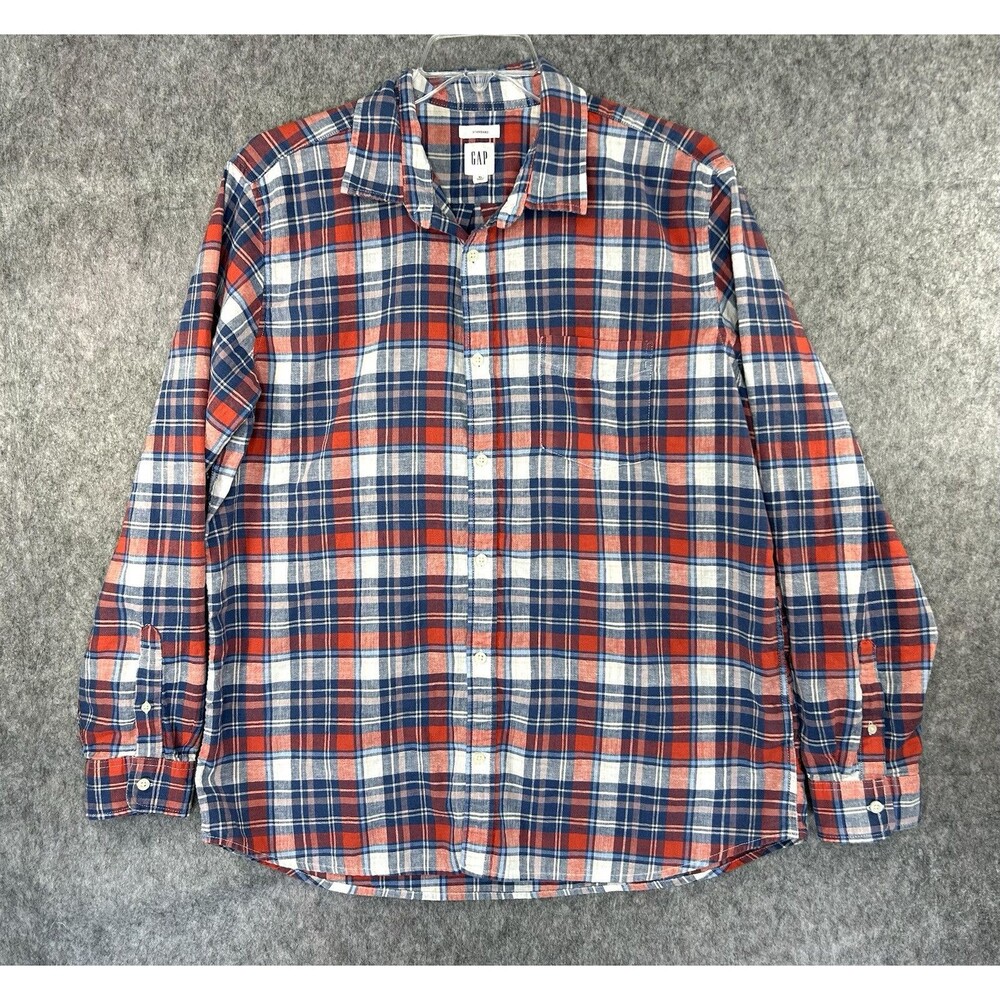 Gap Shirt Men's Blue Plaid Linen Blend Long Sleeve Standard Fit Beach Coastal XL